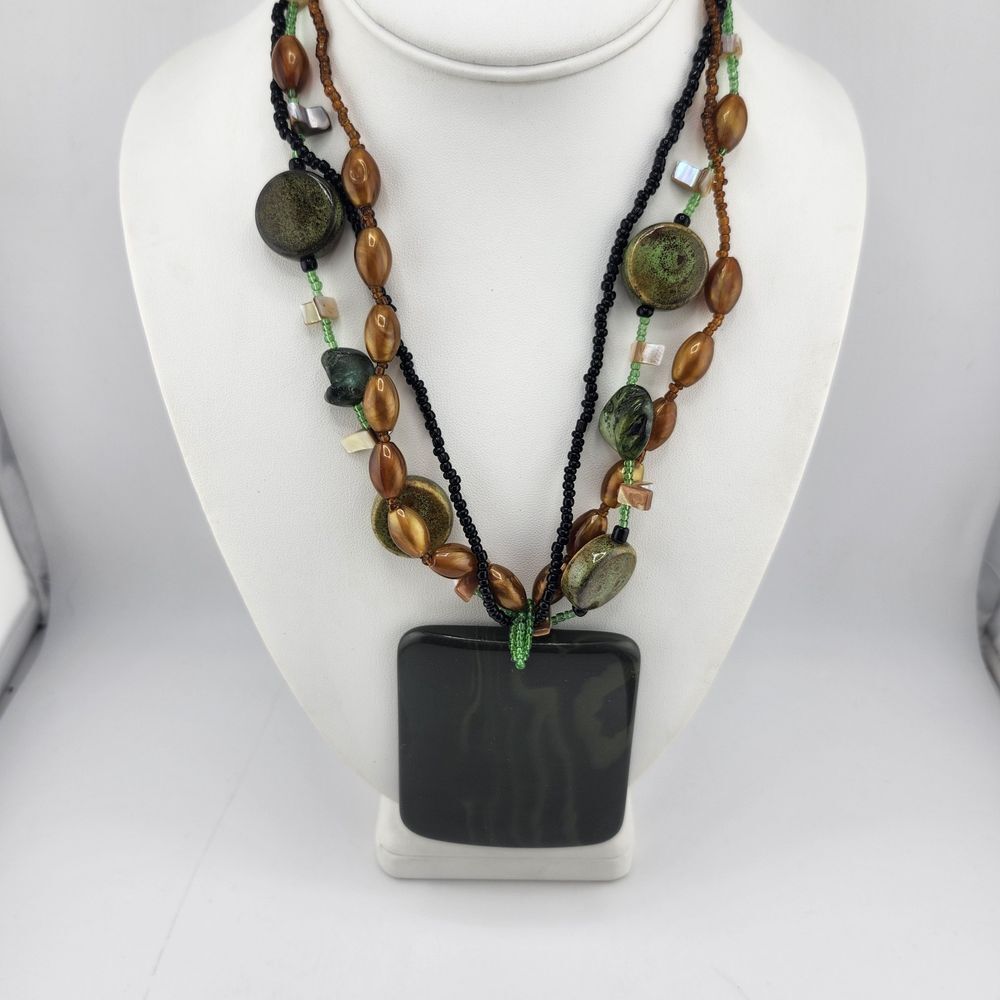 You And I Green‎ Black Brown Multistrand Layered Large Pendant Beaded Necklace